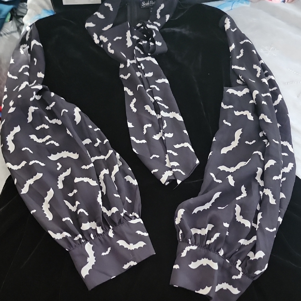 Black Dress with Bat Print Sleeves And Collar